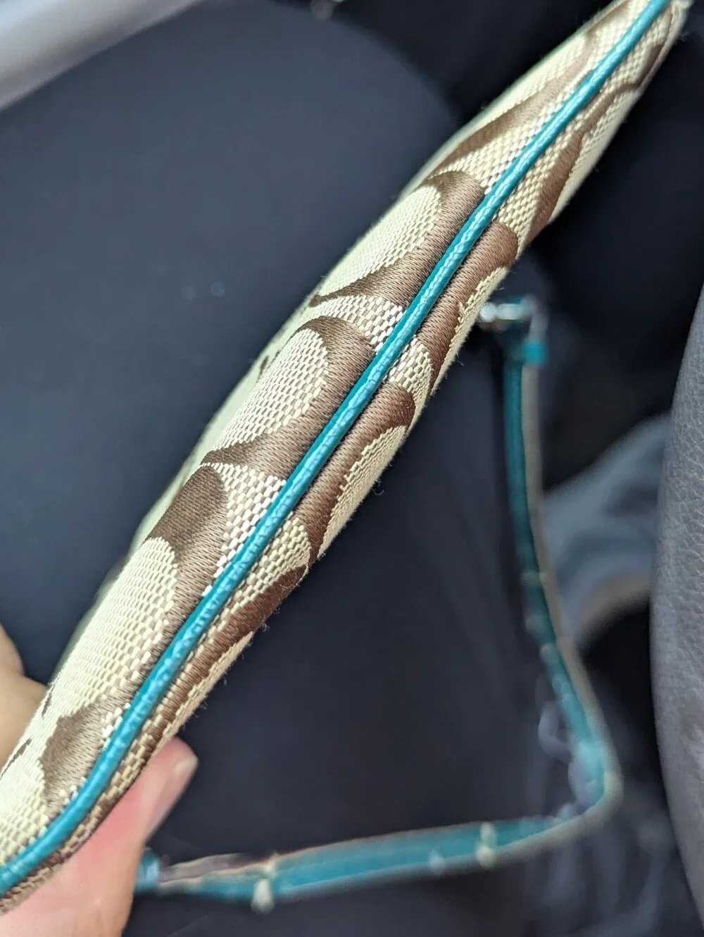 Coach Signature Canvas Wristlet in Beige with Teal Accent